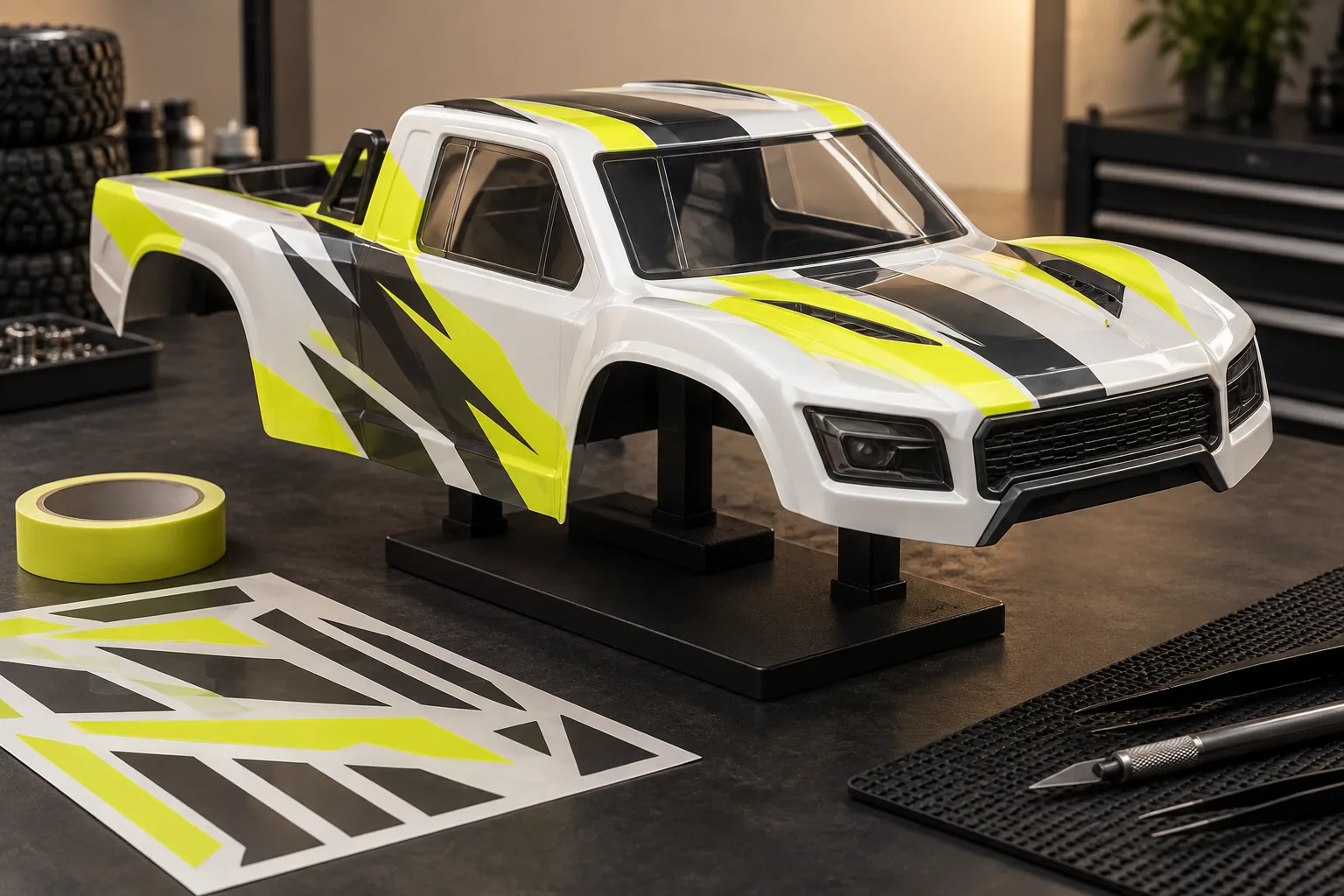 AI-generated concept illustration of a white, yellow and charcoal RC truck shell with masking tape and geometric decals.