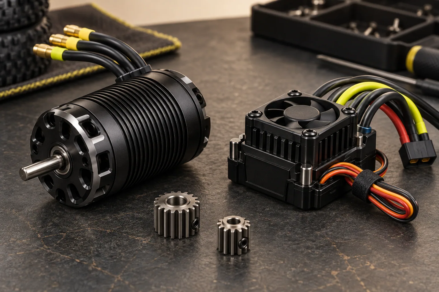 AI-generated concept illustration of a generic brushless RC motor, speed controller and pinion gears, disconnected on a bench.