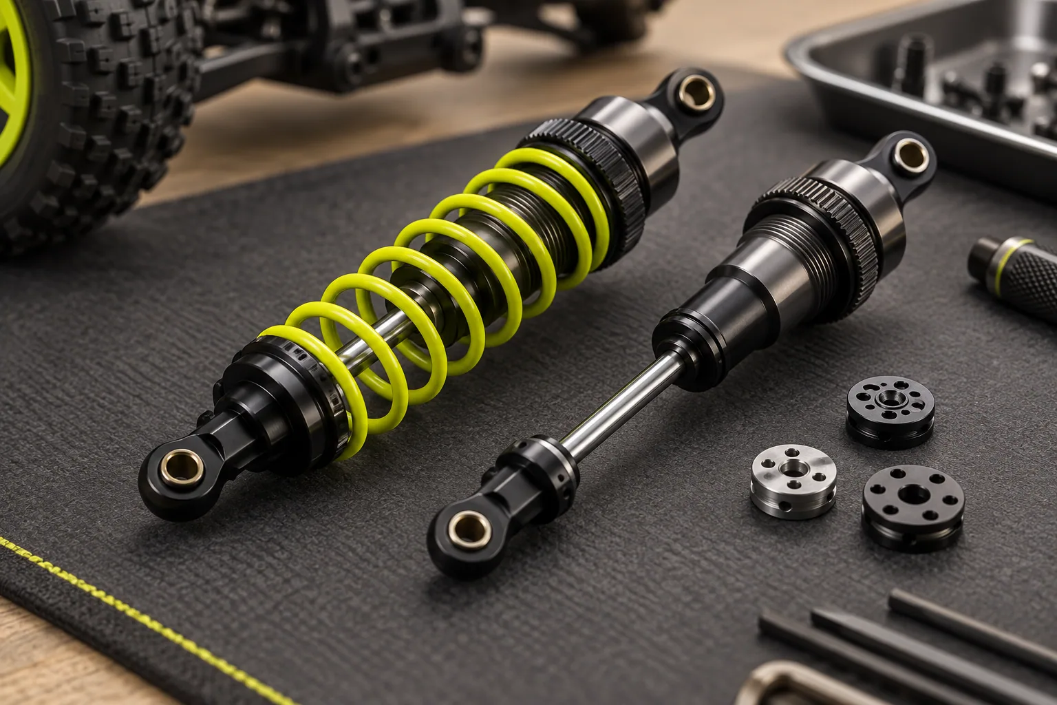 AI-generated concept illustration of generic RC dampers, a coil spring and spare pistons.