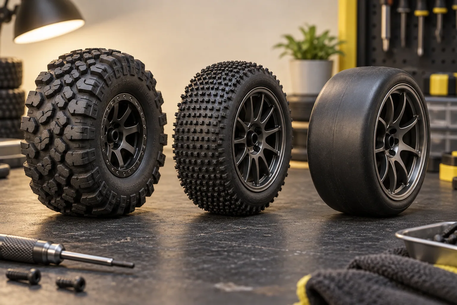 AI-generated concept illustration comparing chunky crawler, fine-pin buggy and smooth drift tire appearances.