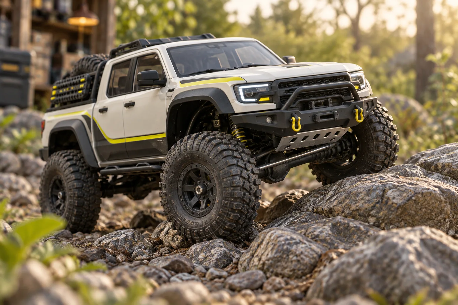 AI-generated concept illustration of an unbranded electric RC trail truck on a small rock garden.