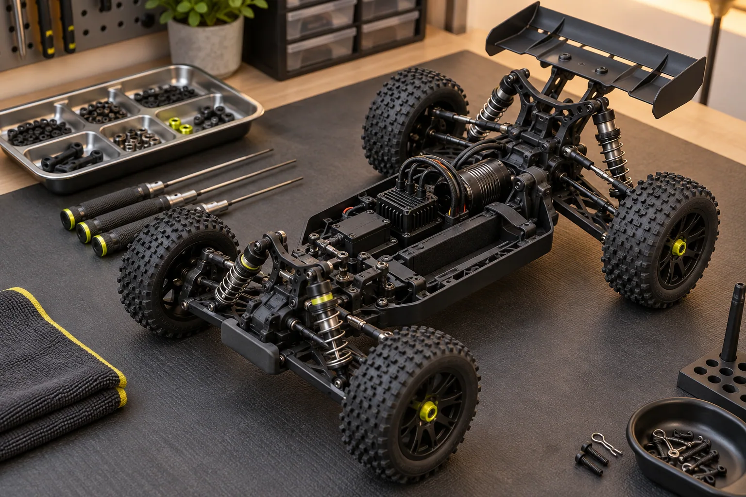 AI-generated concept illustration of a generic electric RC chassis and precision tools on a maintenance bench.