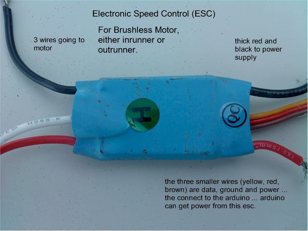 A hobby brushless electronic speed controller and its wires.