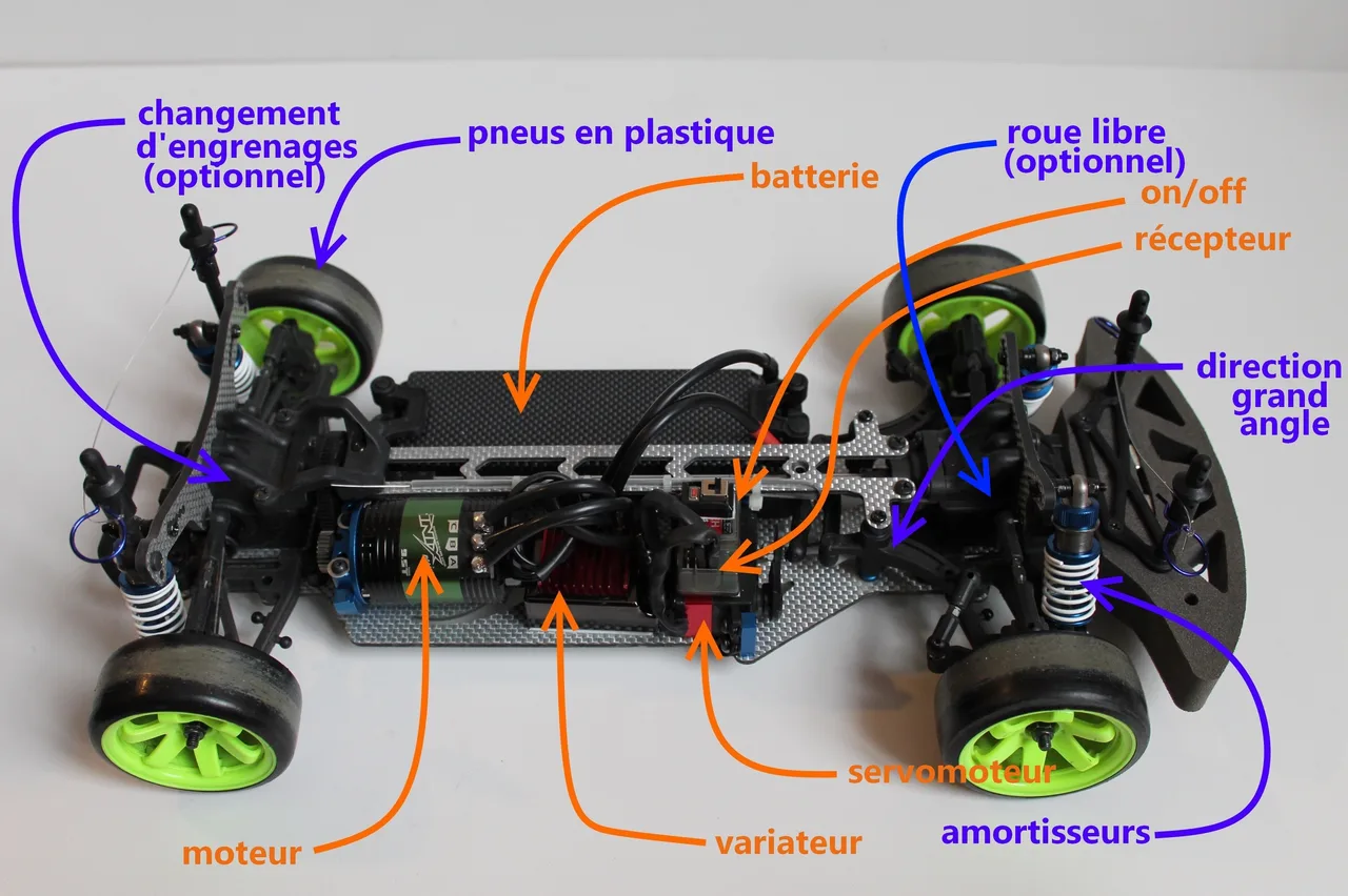 An RC drift chassis with its components visible.