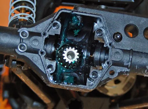 Open Axial rear axle showing greased bevel gears